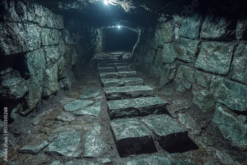 Exploring an ancient stone tunnel with a well-defined path illuminated by soft lighting photo