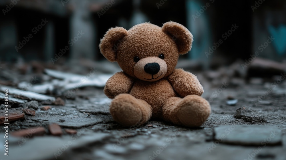 A teddy bear sits alone amidst rubble A teddy bear sits alone amidst rubble