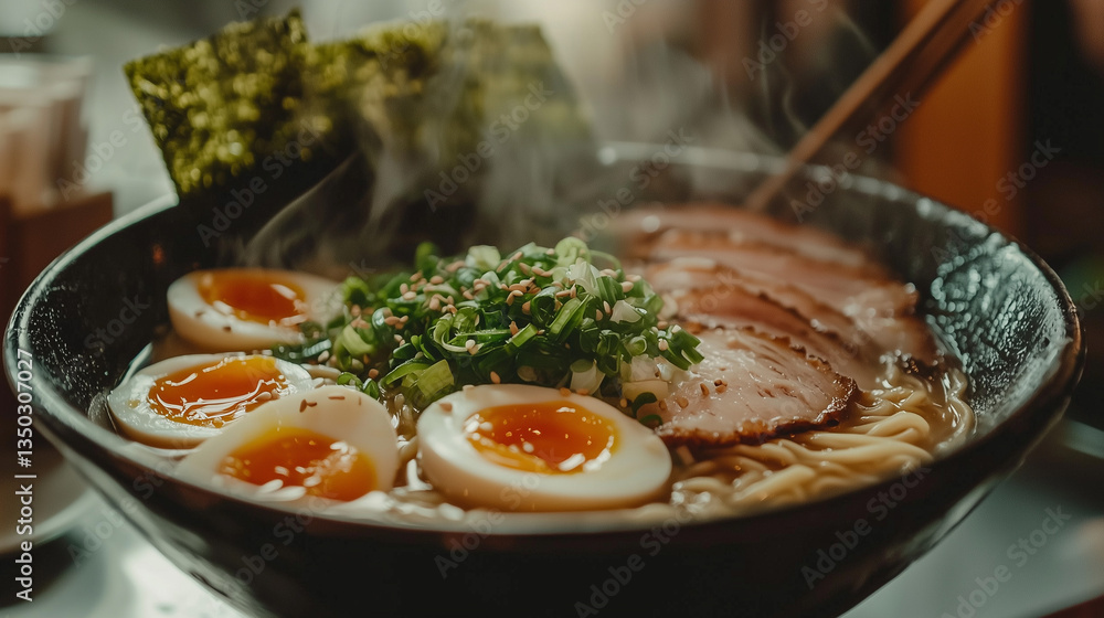 A delicious bowl of ramen with perfectly cooked noodles, soft-boiled eggs, slices of tender pork, and a sprinkle of green onions and sesame seeds A delicious bowl of ramen with perfectly cooked noodles, soft-boiled eggs, slices of tender pork, and a sprinkle of green onions and sesame seeds
