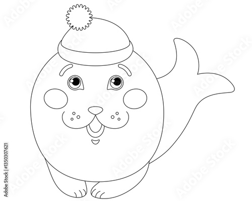 Little cute seal in a cap - vector linear picture for coloring. Outline. A simple children's drawing of a funny baby seal for a coloring book. Aquatic animal for children	