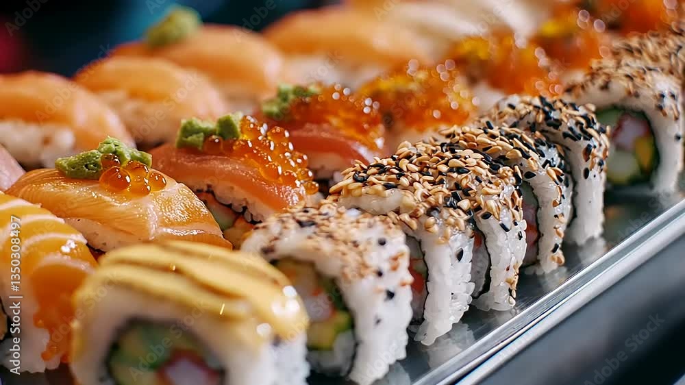 A vibrant assortment of sushi rolls arranged elegantly on a platter, showcasing various toppings A vibrant assortment of sushi rolls arranged elegantly on a platter, showcasing various toppings