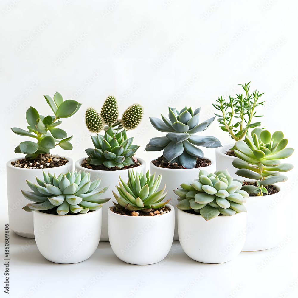 an assortment of diverse succulent plants in clean white pots, creating a visually appealing and harmonious collection an assortment of diverse succulent plants in clean white pots, creating a visually appealing and harmonious collection