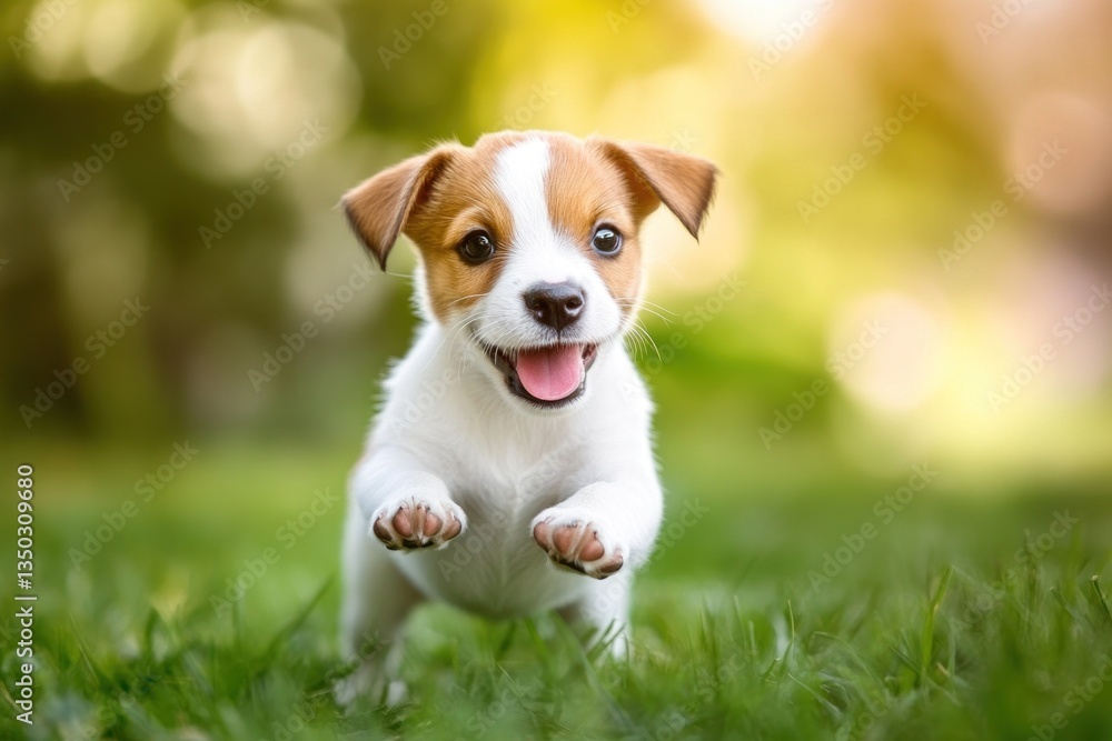 Playful puppy running on grass, park background Playful puppy running on grass, park background