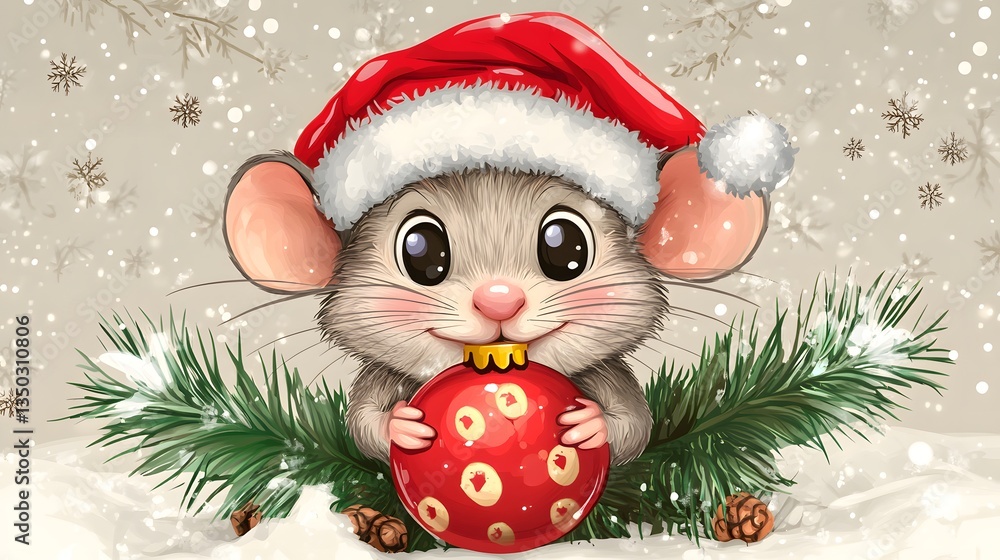 Cheerful mouse in Santa hat showcasing Christmas tree decoration - Festive holiday animal concept Cheerful mouse in Santa hat showcasing Christmas tree decoration - Festive holiday animal concept
