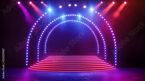Illuminated stage with steps, spotlights, concert