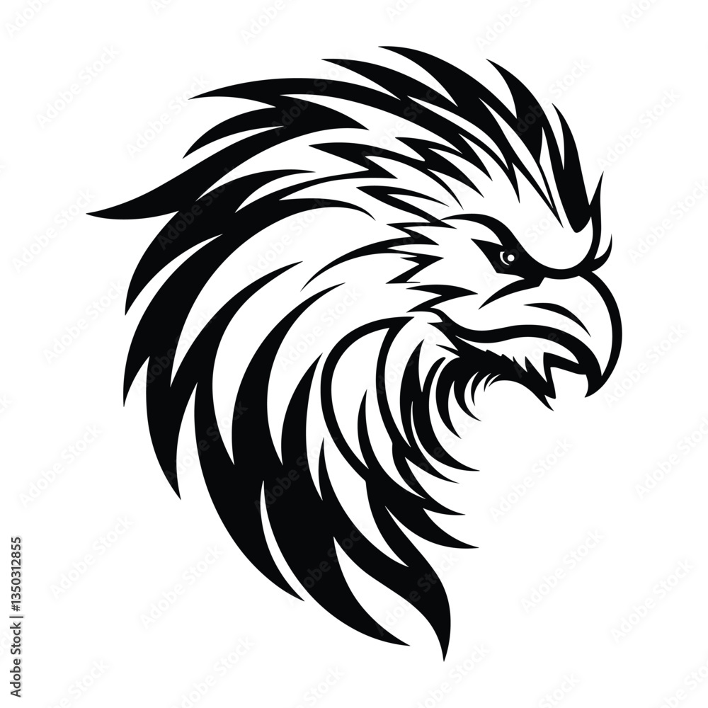 Fototapeta premium A powerful and majestic silhouette of a griffin head, featuring sharp beak, fierce eyes, and noble details. Perfect for fantasy-themed designs, gaming logos, heraldic emblems, and mythical artwork.