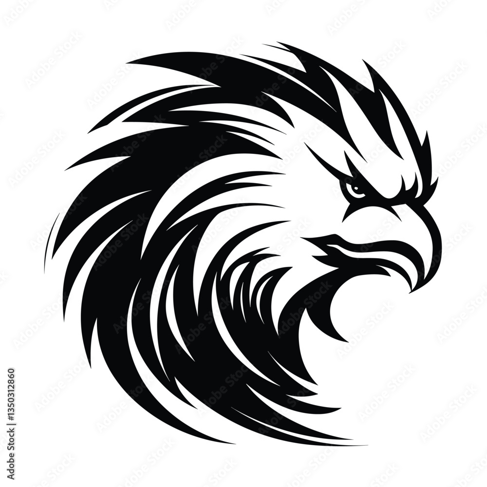Fototapeta premium A powerful and majestic silhouette of a griffin head, featuring sharp beak, fierce eyes, and noble details. Perfect for fantasy-themed designs, gaming logos, heraldic emblems, and mythical artwork.
