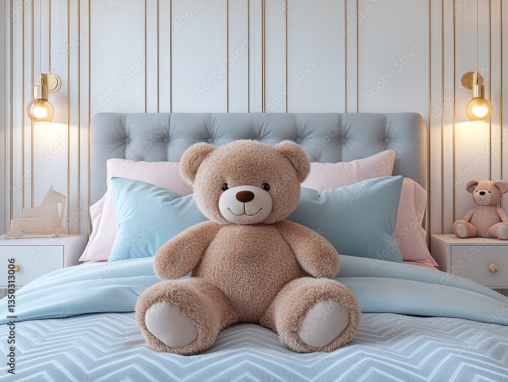 Plush teddy bear sits on child's bed in a light and airy room Plush teddy bear sits on child's bed in a light and airy room