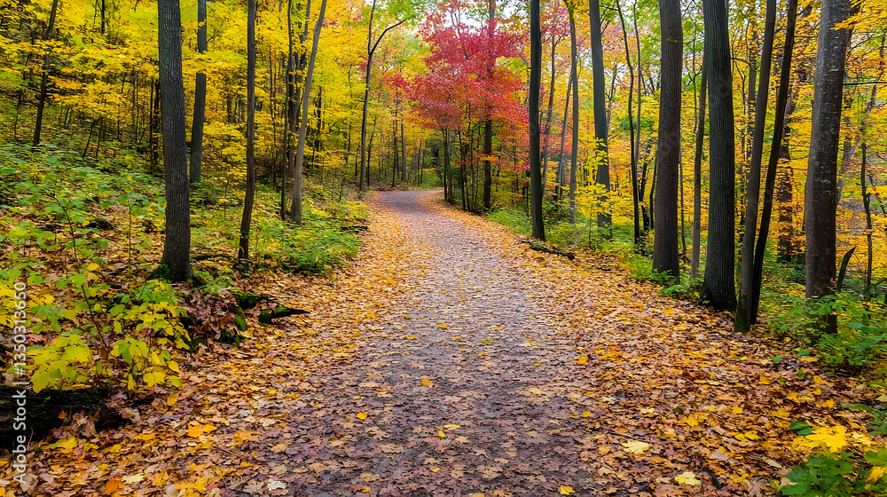 Fototapeta premium Autumnal pathway through a vibrant deciduous forest with colorful foliage
