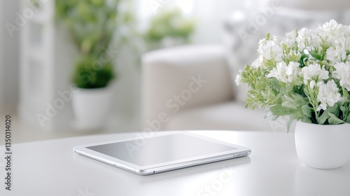 Modern tablet on a white table, surrounded by greenery and light