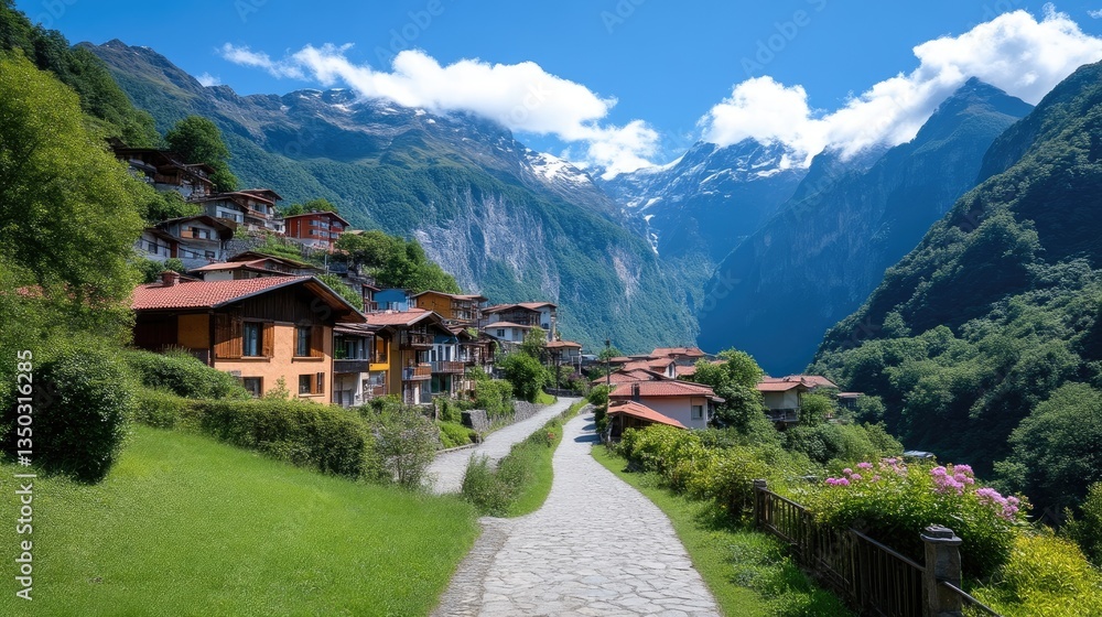Obraz premium Picturesque Alpine Village nestled in a valley, with snow-capped mountains in the background. A paved road leads through the village, surrounded by lush greenery