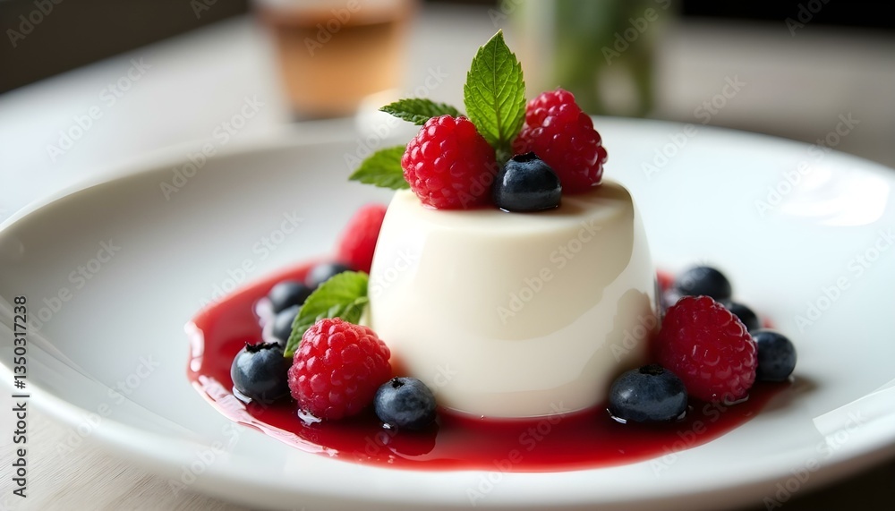 Close-up studio shot of a panna cotta dessert on a white plate, garnished with fresh raspberries, blueberries, mint leaves, and a berry sauce Close-up studio shot of a panna cotta dessert on a white plate, garnished with fresh raspberries, blueberries, mint leaves, and a berry sauce