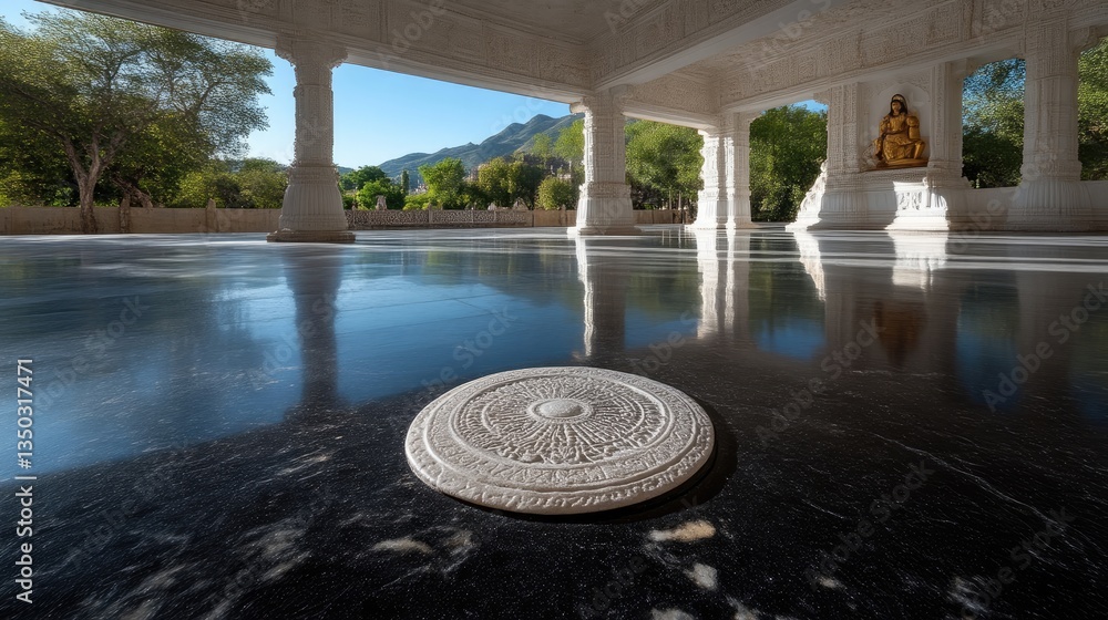 Naklejka premium White stone circle on dark floor, temple interior