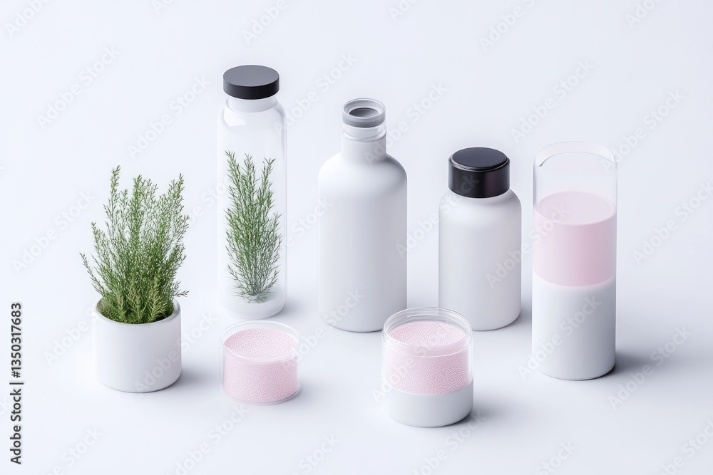 Modern minimalist cosmetic and skincare product display. Various empty bottles and jars, including glass and matte white containers, with accents of light pink, displayed with a small potted plant Modern minimalist cosmetic and skincare product display. Various empty bottles and jars, including glass and matte white containers, with accents of light pink, displayed with a small potted plant