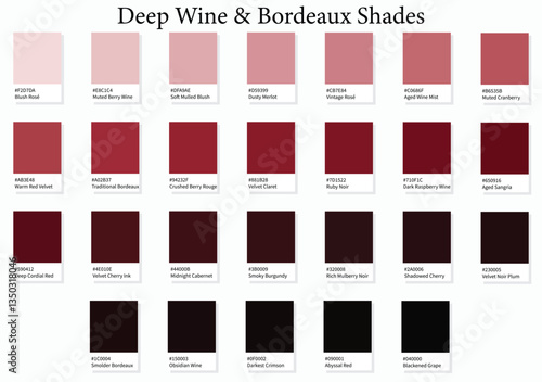 Color Swatches 28 Deep Wine and Bordeaux Shades - 3d Light Faded Reds to Dark Deep Tones - with HEX Codes and Names, Colour Palette, Scheme and Combinations