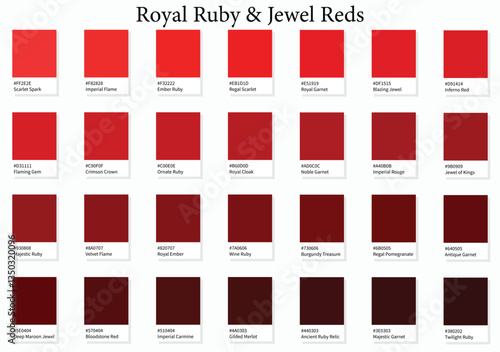 Color Swatches 28 Royal Ruby and Jewel Reds - 3d Bright Vibrant to Dark Deep Tones - with HEX Codes and Names, Colour Palette, Scheme and Combinations