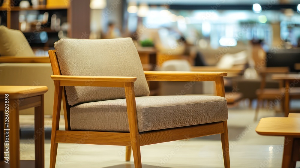 Showroom armchair, wooden frame, fabric cushion, blurred background, furniture display Showroom armchair, wooden frame, fabric cushion, blurred background, furniture display