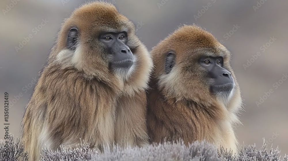 Obraz premium Two Gelada baboons sitting close together.