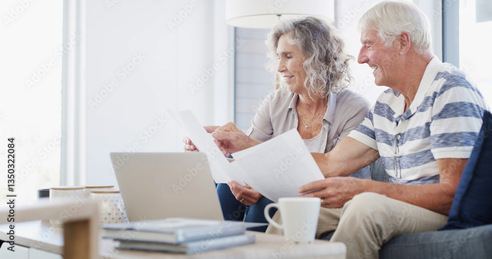 Happy, senior couple and documents with laptop for finance, budget planning or retirement annuity on sofa. Elderly man, woman or house with smile, computer or paperwork for pension fund or insurance Happy, senior couple and documents with laptop for finance, budget planning or retirement annuity on sofa. Elderly man, woman or house with smile, computer or paperwork for pension fund or insurance