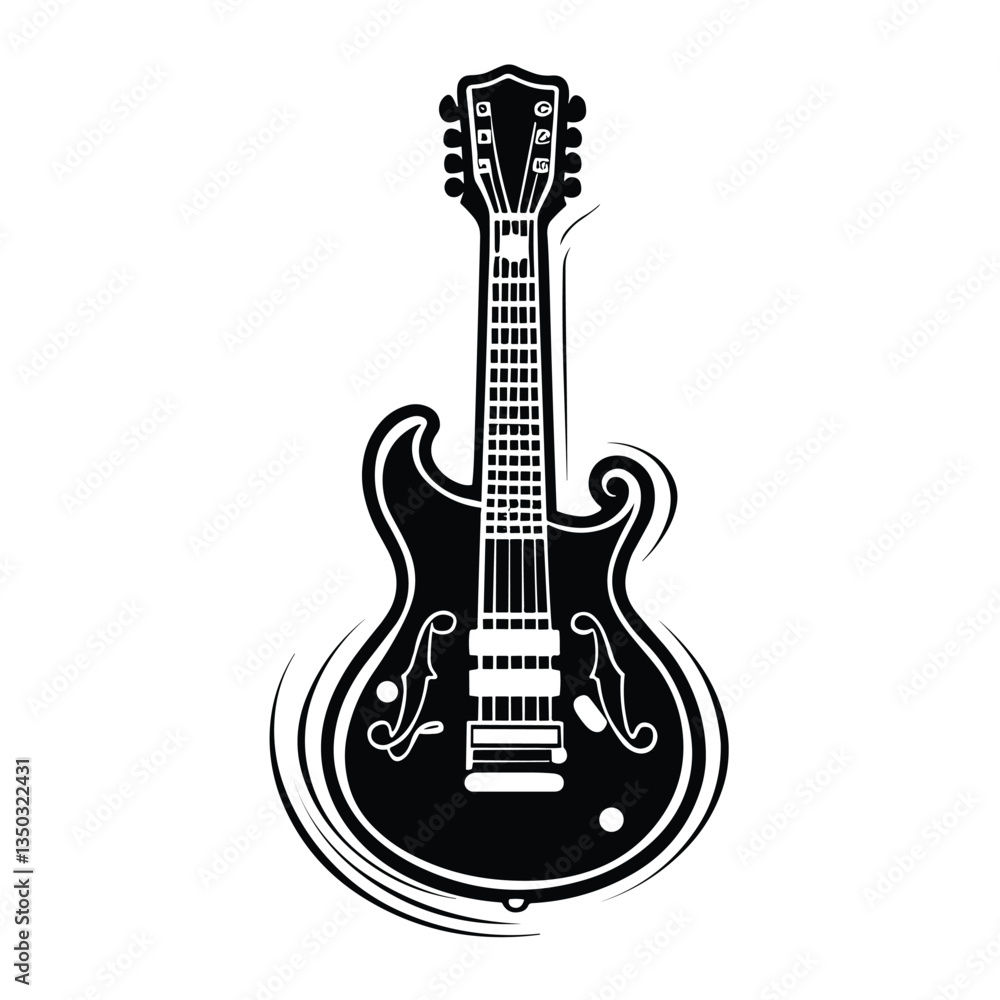 Naklejka premium A clean and minimalistic silhouette of a guitar, showcasing its iconic shape and curves. Perfect for music-themed designs, band logos, concert posters, and artistic illustrations.