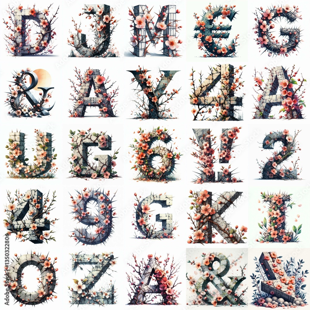 Prunus spinosa flowers growing through stones. Lettering. AI generated illustration