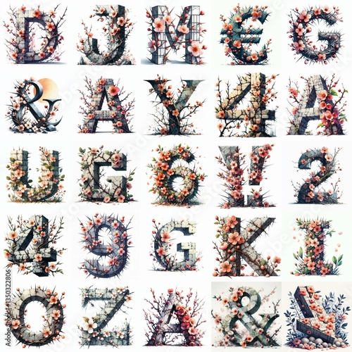 Obraz na płótnie Prunus spinosa flowers growing through stones. Lettering. AI generated illustration w salonie