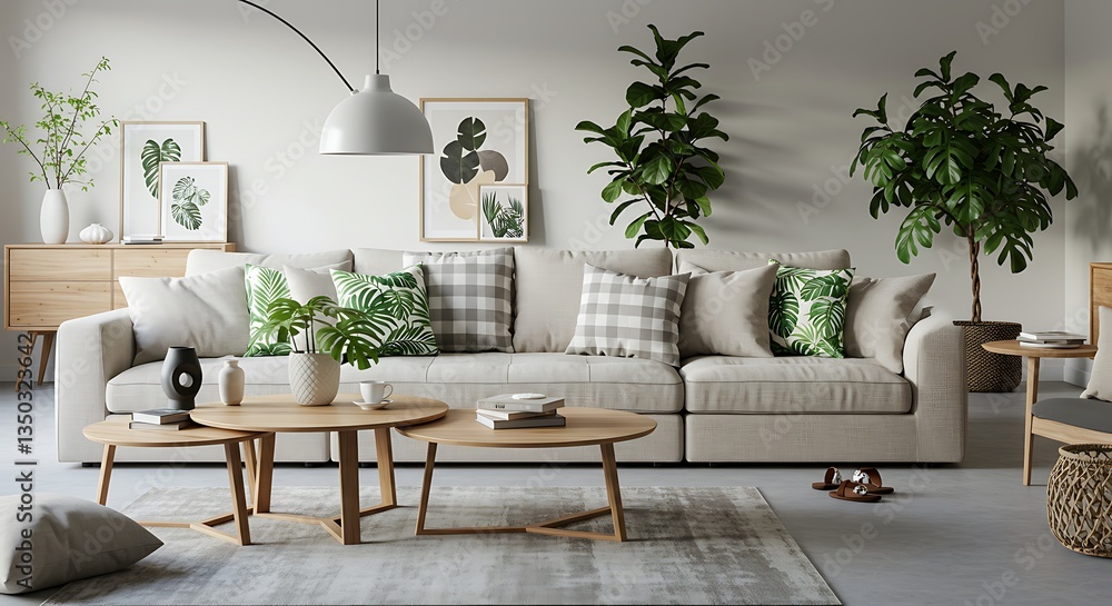 Modern open-space living room with a modular sofa, wooden coffee tables, tropical plants, and elegant decor. A perfect blend of comfort and contemporary home design. Modern open-space living room with a modular sofa, wooden coffee tables, tropical plants, and elegant decor. A perfect blend of comfort and contemporary home design.
