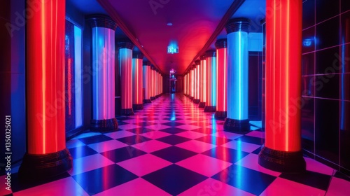 Neon hallway  red blue light  checkered floor  event venue