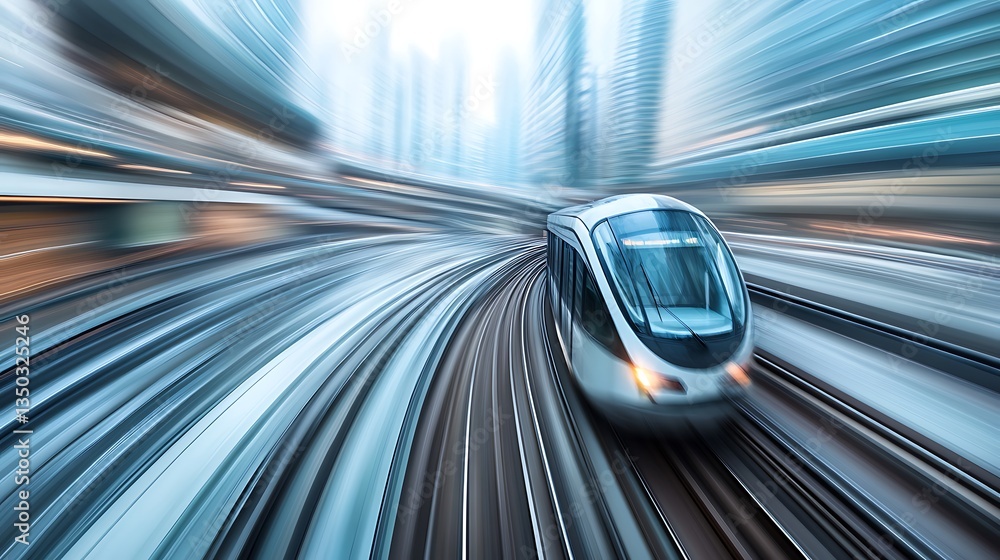 Fototapeta premium High-speed train speeding through city.