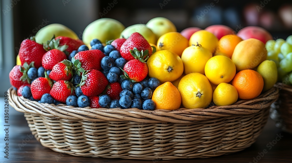 Fresh Summer Fruits in Wicker Basket Strawberries Blueberries Lemons Oranges More Fresh Summer Fruits in Wicker Basket Strawberries Blueberries Lemons Oranges More
