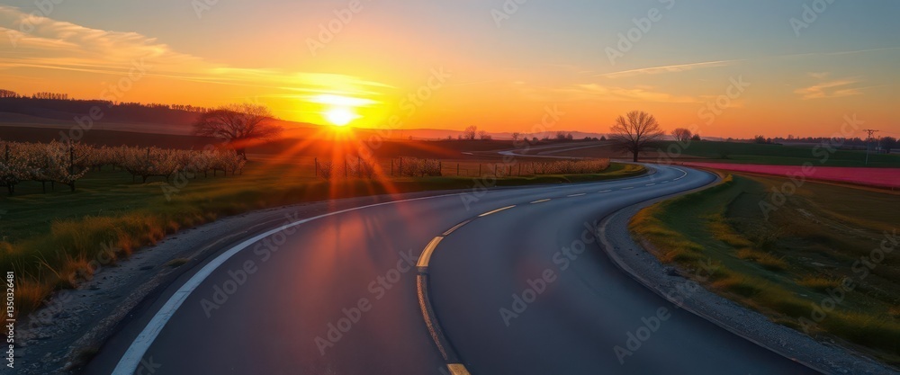 Naklejka premium Sun-drenched asphalt road curves through idyllic spring countryside at sunset, photography, sun, sunset