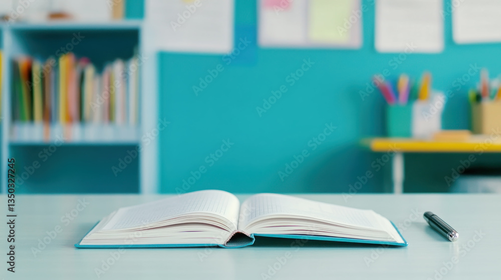 Fototapeta premium Open book and pen on teacher's desk in classroom setting