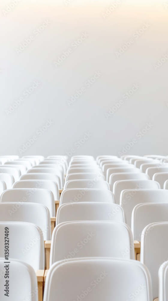 Fototapeta premium Modern auditorium interior with rows of white seats in vertical composition