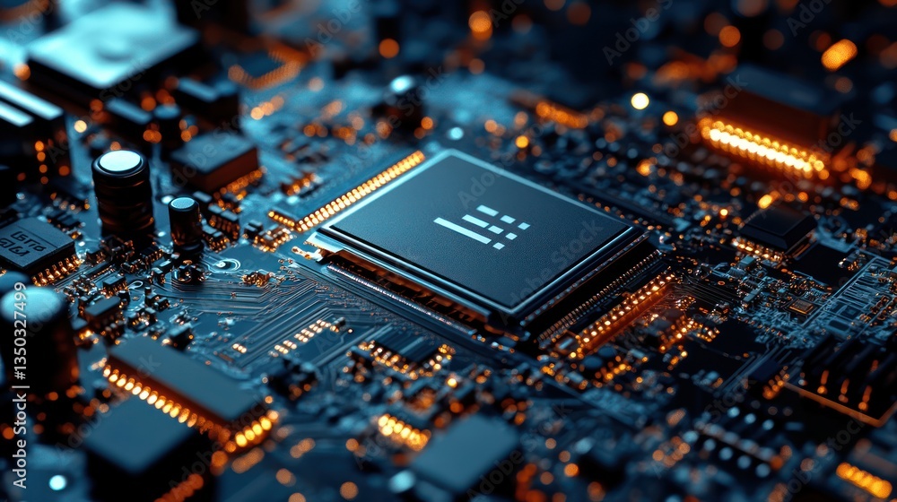 Close-up CPU, circuit board, glowing components, technology, data processing Close-up CPU, circuit board, glowing components, technology, data processing