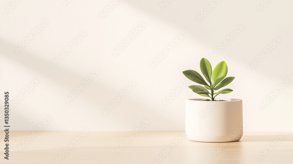 Elegant minimalist design featuring a ceramic pot with a green plant on neutral background Elegant minimalist design featuring a ceramic pot with a green plant on neutral background