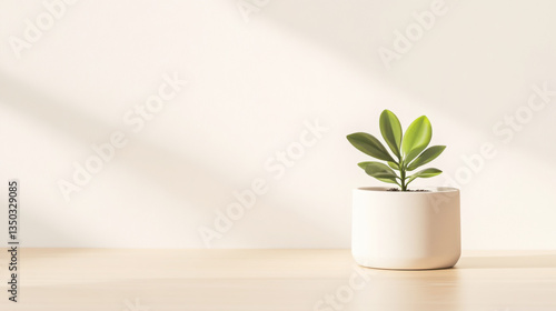 Elegant minimalist design featuring a ceramic pot with a green plant on neutral background