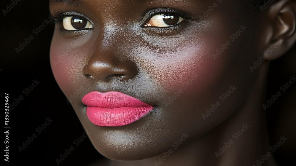 Close-up portrait of a beautiful dark-skinned woman with pink lipstick. Close-up portrait of a beautiful dark-skinned woman with pink lipstick.