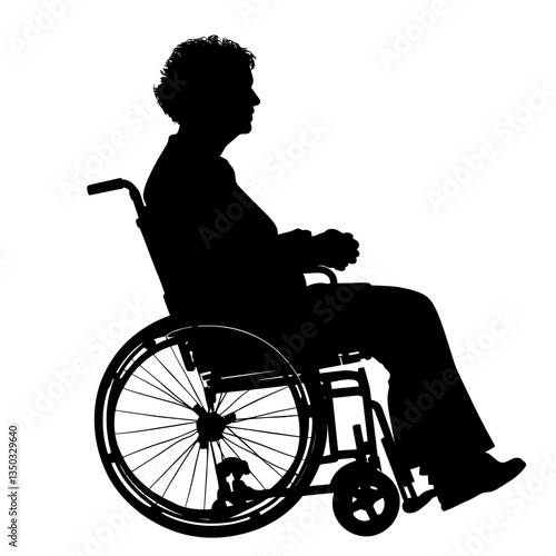 Silhouette of an elderly woman in a wheelchair, side view on a white background. Vector illustration, png