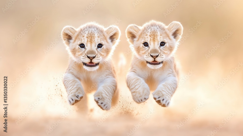 Obraz premium Two playful, young lions leap through the air, their faces illuminated by the golden light of dawn. A captivating image of youthful energy and freedom