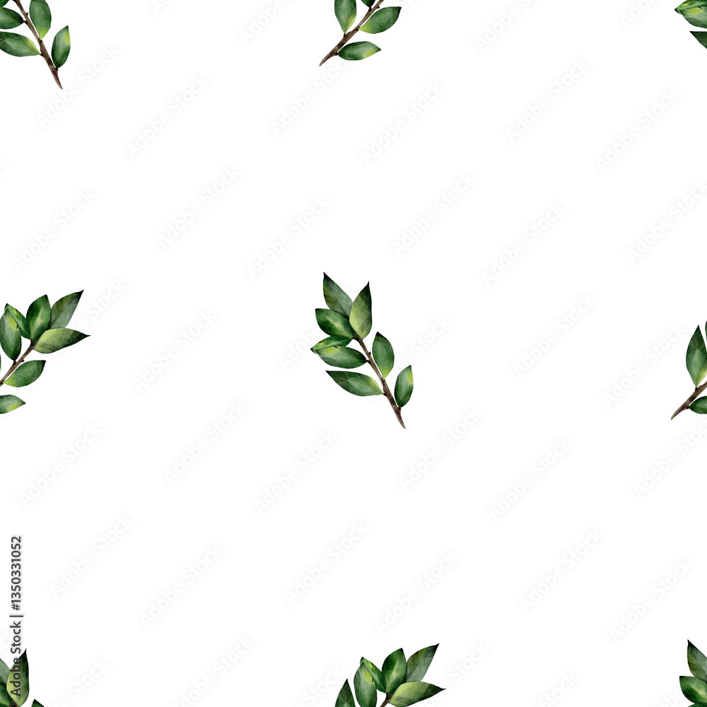 Watercolor seamless pattern with green twigs with leaves. Botanical illustration, isolated on white background. For textile, print, tablecloth, invitations, curtains Watercolor seamless pattern with green twigs with leaves. Botanical illustration, isolated on white background. For textile, print, tablecloth, invitations, curtains