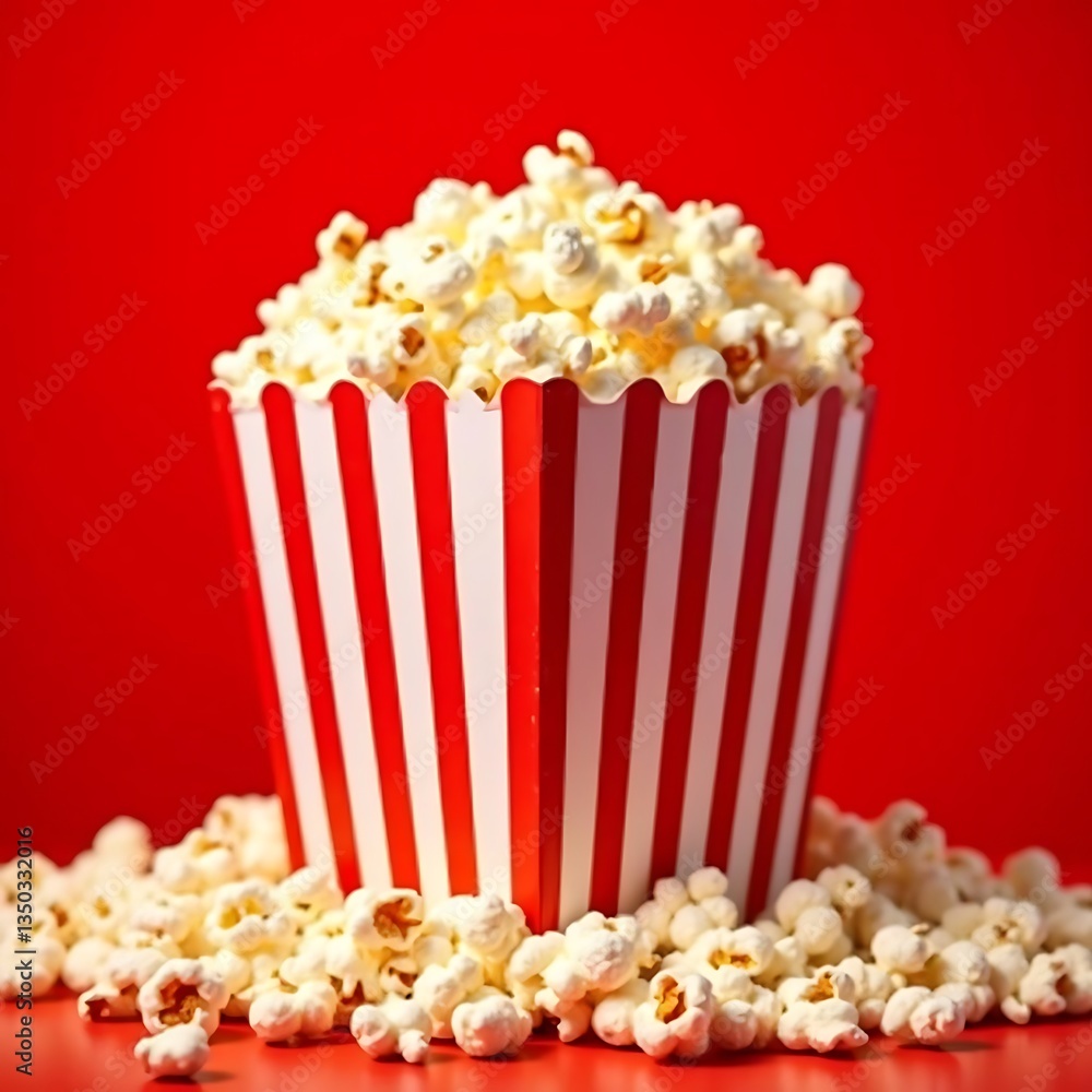 Falling popcorn in a redwhite stripes box on red background Falling popcorn in a redwhite stripes box on red background