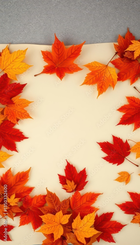 Obraz premium Creamy vintage paper texture overlaid with scattered autumn leaves, warm tones, vintage background, wallpaper