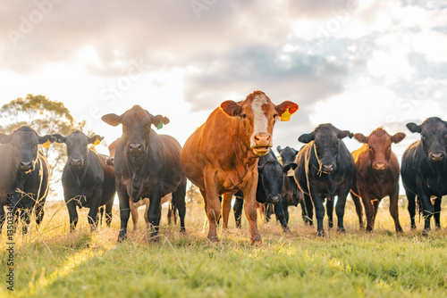 Curious cows in sunlit paddock in the afternoon