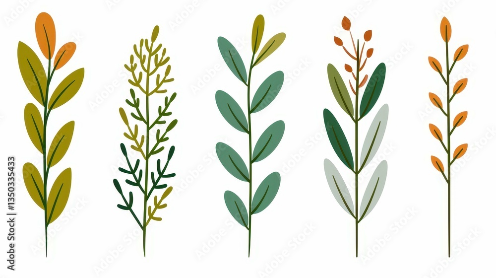 Fototapeta premium A charming floral doodle set featuring delicate leaves, perfect for any creative project or natureinspired art.