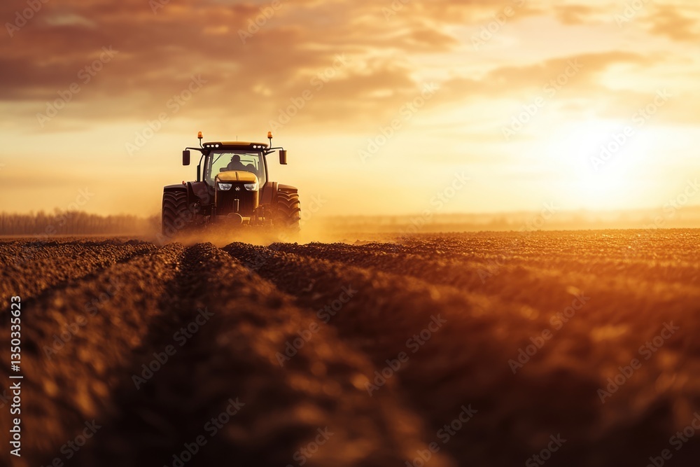 Fototapeta premium Sunset Tractor on a freshly tilled field, dust rising behind it