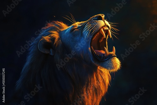 Majestic lion roaring at sunset, African savanna background, wildlife art