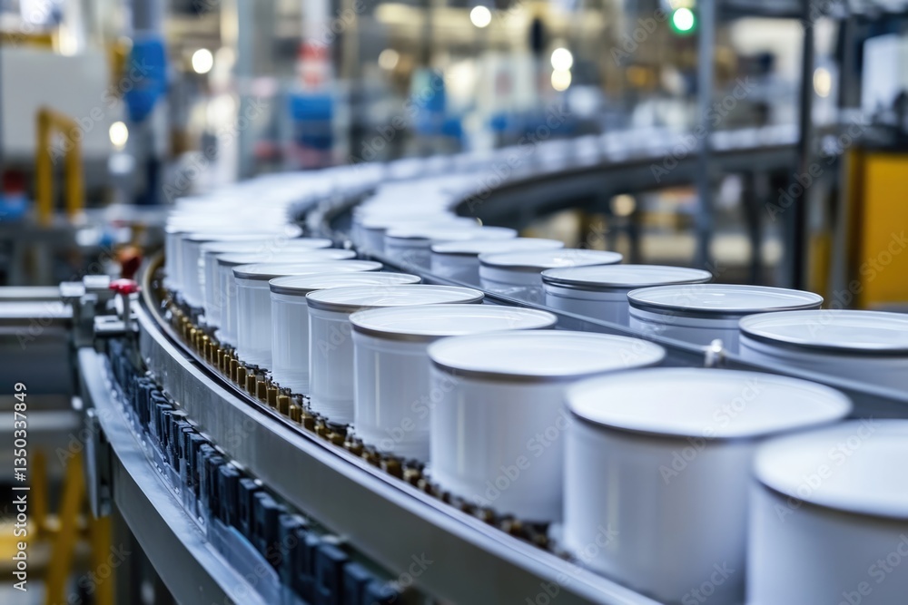 Factory Production Line: White Cylindrical Containers on a Conveyor Belt Factory Production Line: White Cylindrical Containers on a Conveyor Belt