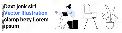 Woman typing on laptop, seated on a cube, with a modern chair and potted plant nearby. Ideal for productivity, modern design, remote work, office setup, lifestyle, home decor flat landing page
