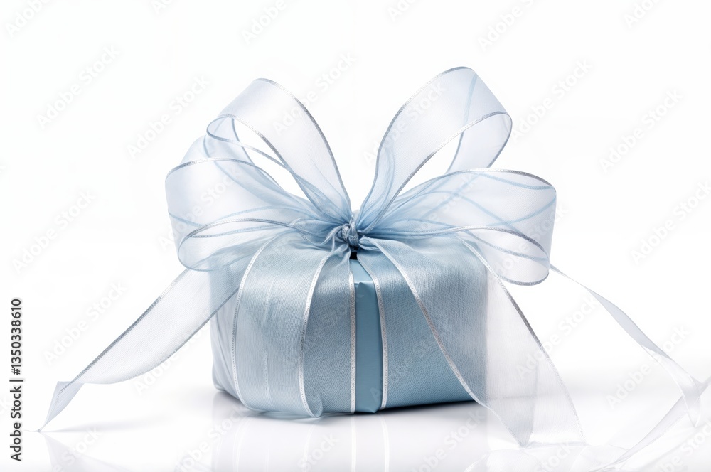Naklejka premium Gift bleu box with blue shiny satin bow and ribbon on white background