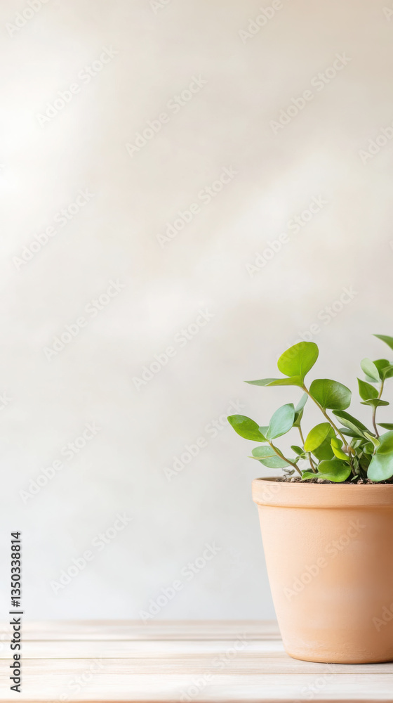 Obraz premium Green potted plant on wooden surface against subtle beige background